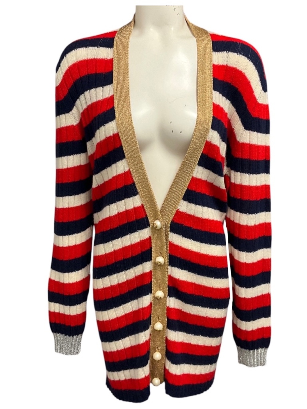 GUCCI RED / WHITE / BLUE STRIPED KNIT CARDIGAN SWEATER WITH GG LOGO PEARL BUTTON